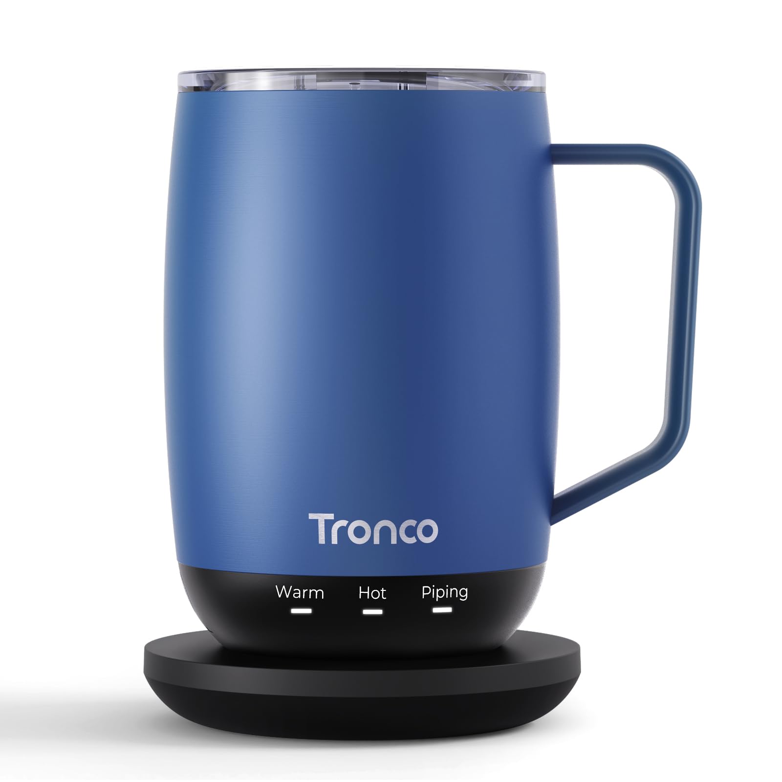 Tronco temperature control mug on its base with lid offers steady warmth for long mornings.