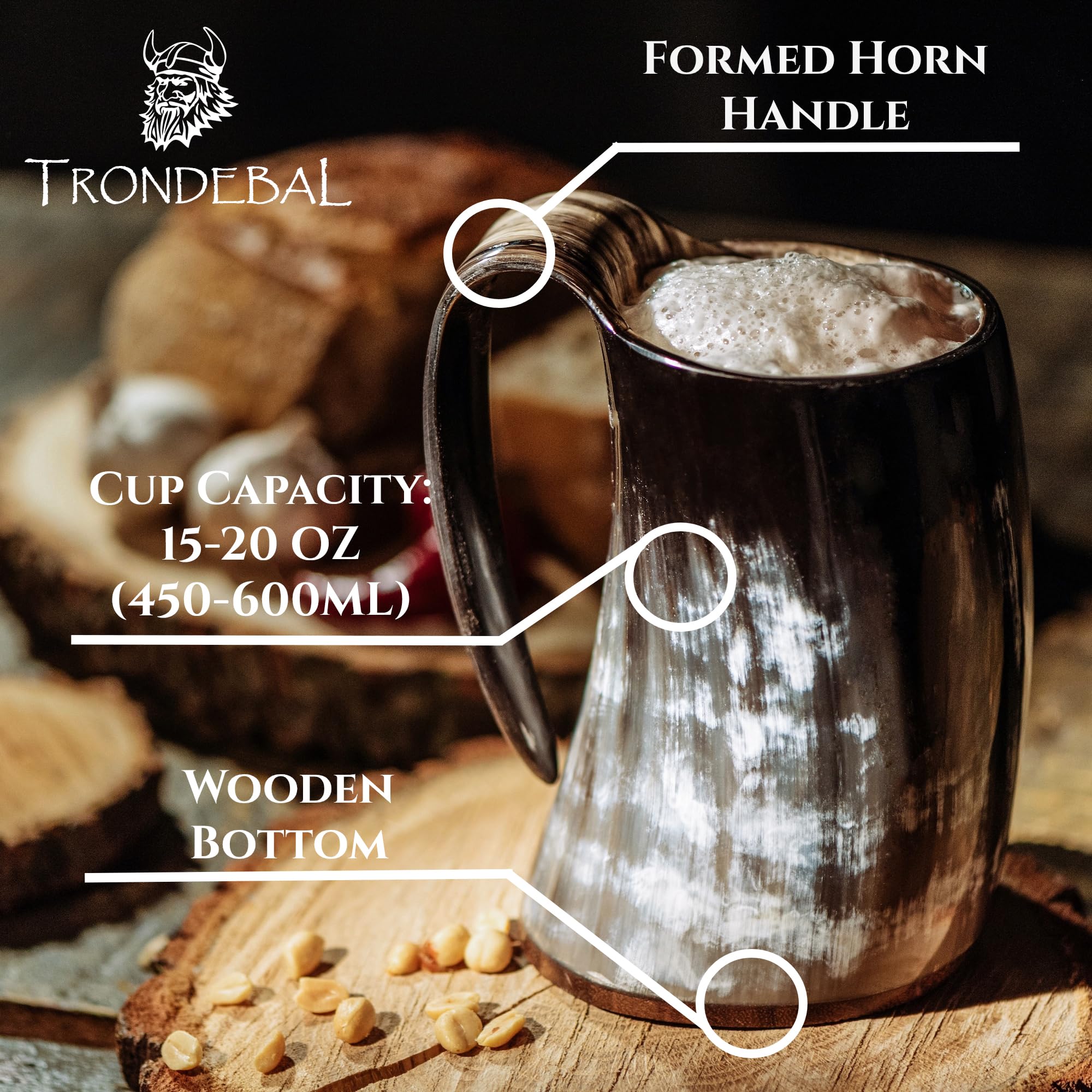 Trondebal horn mug with bottle opener shown in use as a handy party accessory