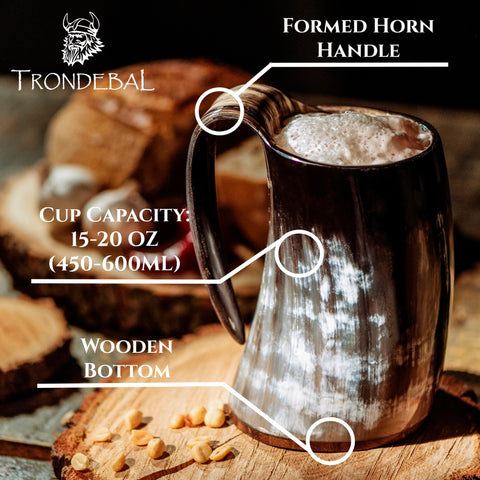 Trondebal horn mug with bottle opener shown in use as a handy party accessory