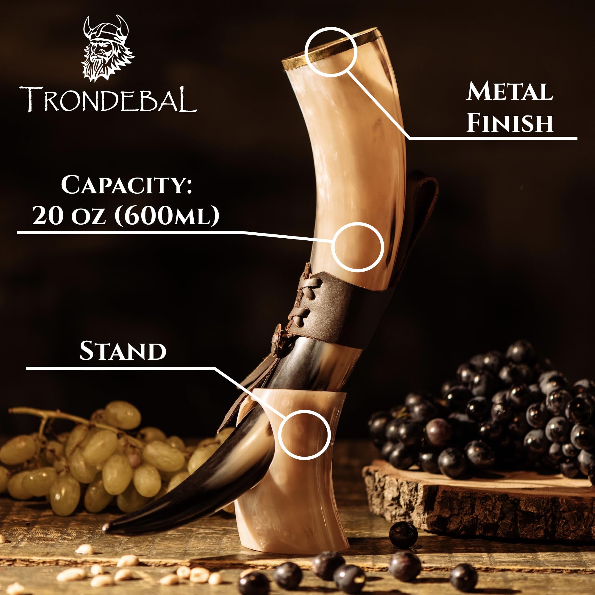 Trondebal Viking drinking horn with metallic rim close-up showing bold finish