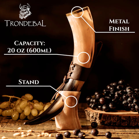 Trondebal Viking drinking horn with metallic rim close-up showing bold finish