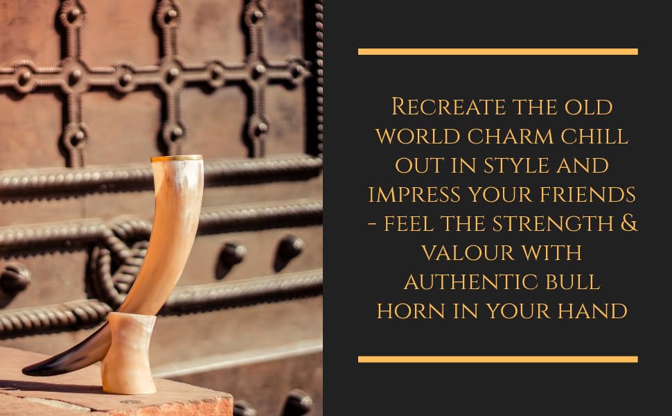 Trondebal Viking horn display on bar with rugged elegance
