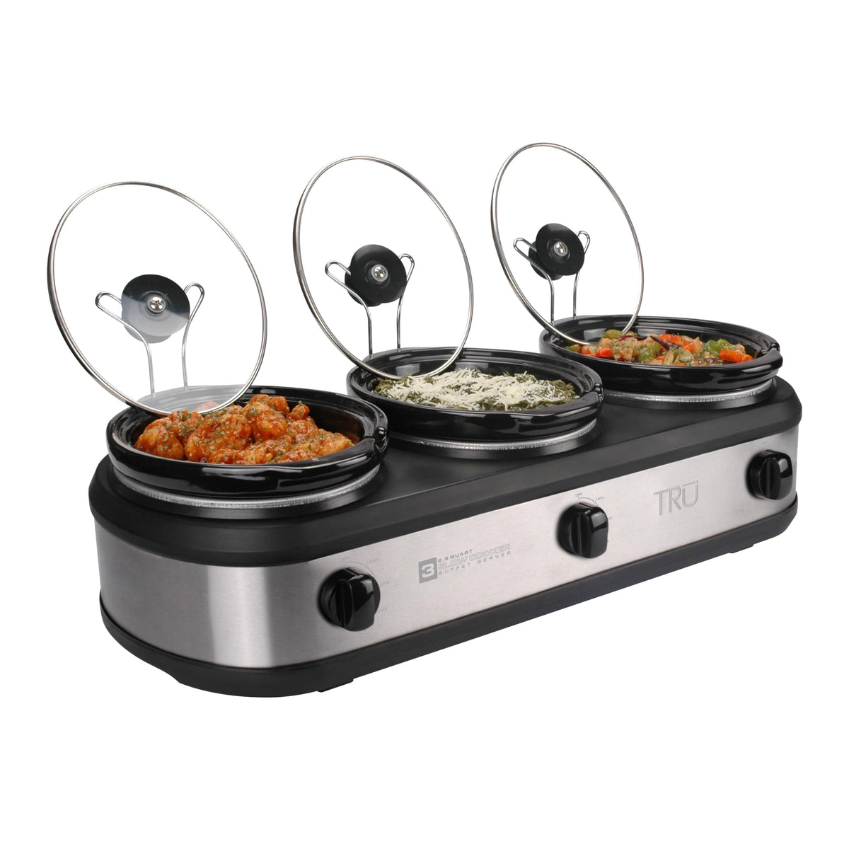 TRU triple buffet server with three inserts enables flexible catering options.