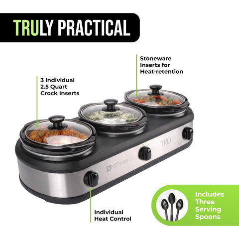 TRU triple buffet server offers independent heat control for multiple dishes.