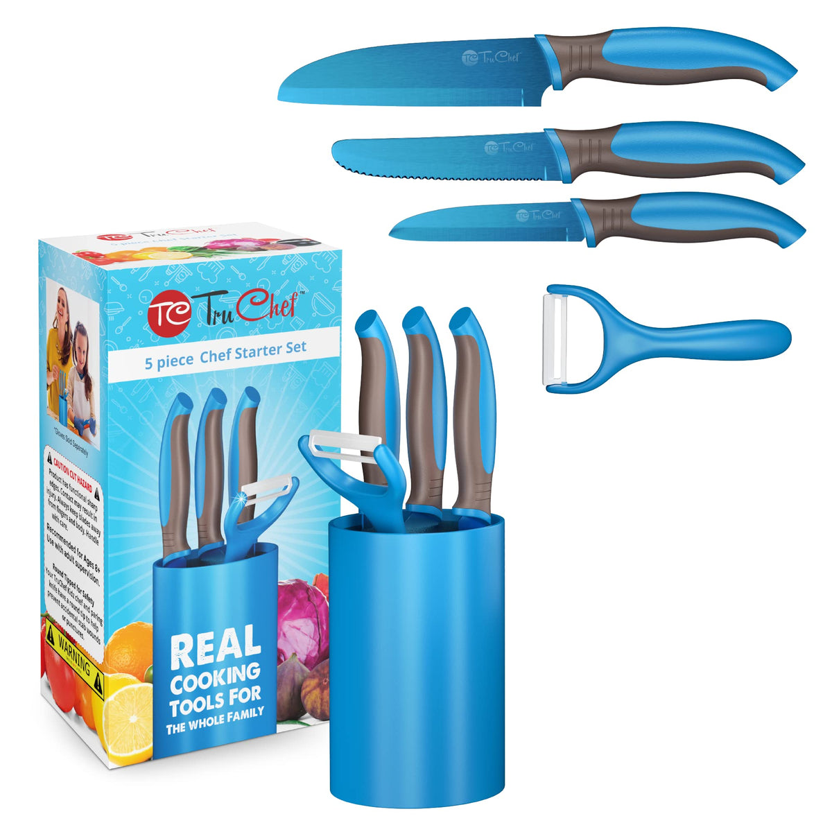 TruChef 5-piece kids knife set blue on storage stand for organized cooking