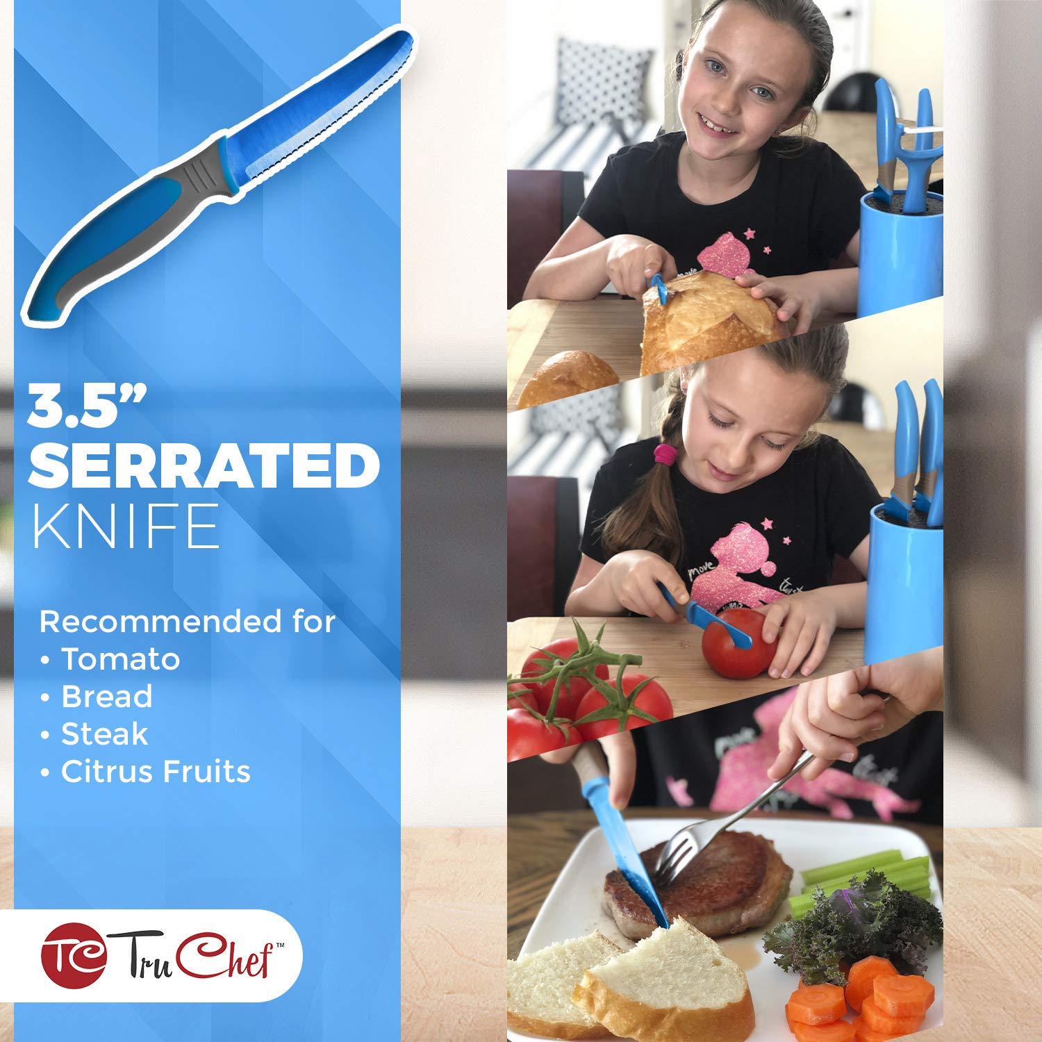 TruChef serrated knife perfect for kid-friendly cutting of bread and fruit
