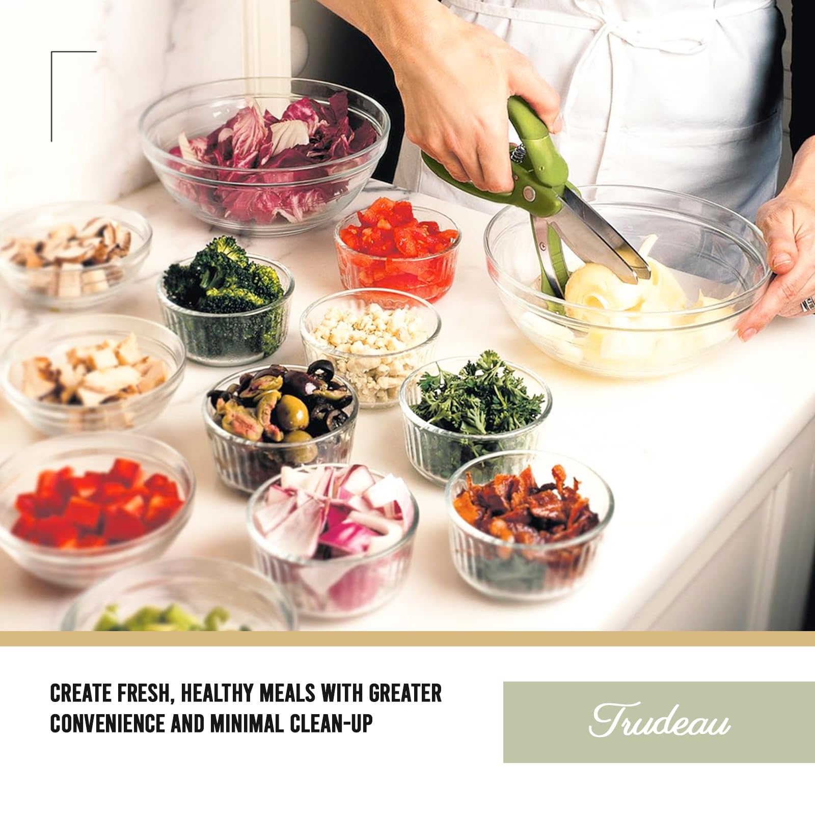 Includes a chopped salad recipe book with Trudeau Toss and Chop