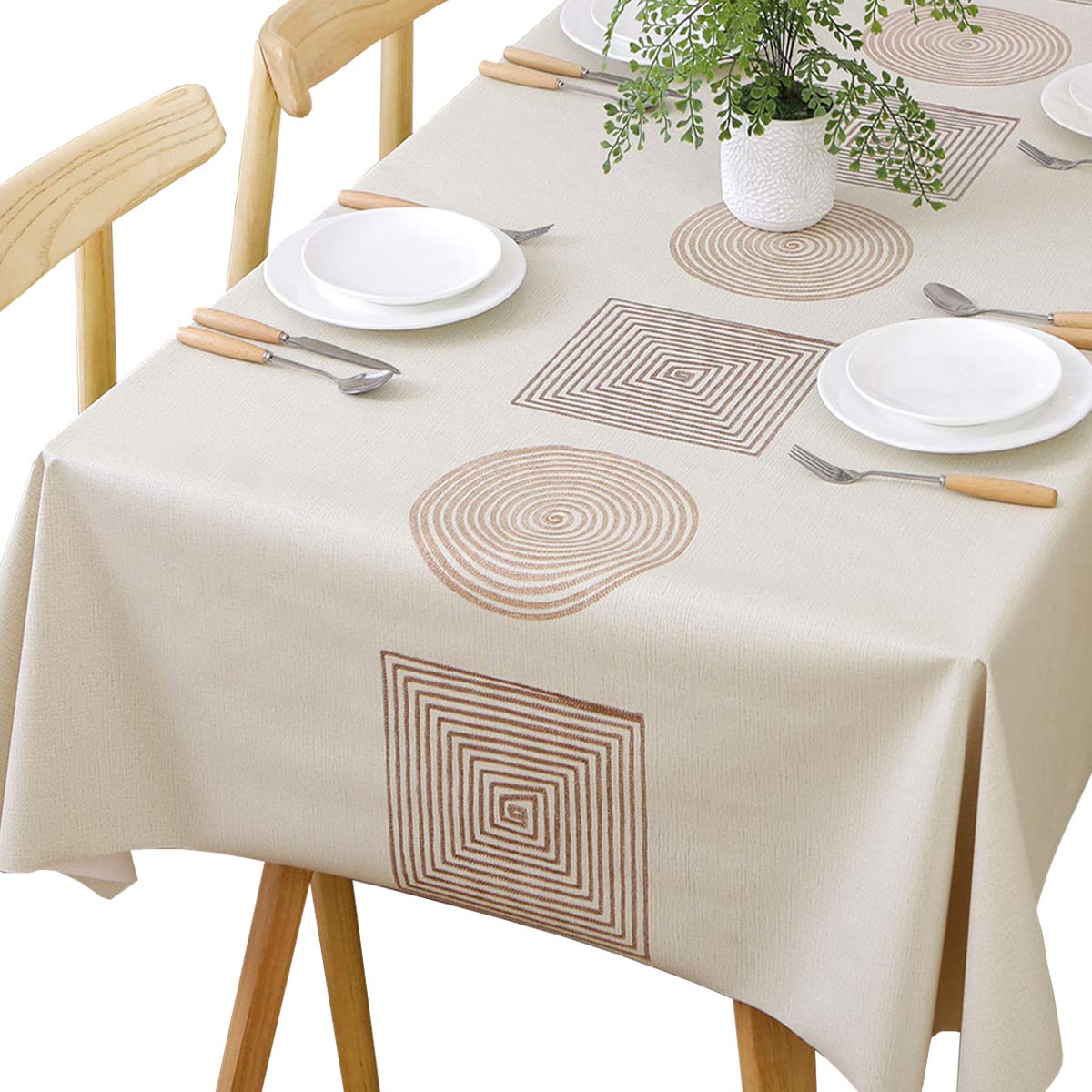 TruDelve heavy-duty vinyl rectangle tablecloth protecting a 54x78 inch table during family meals.
