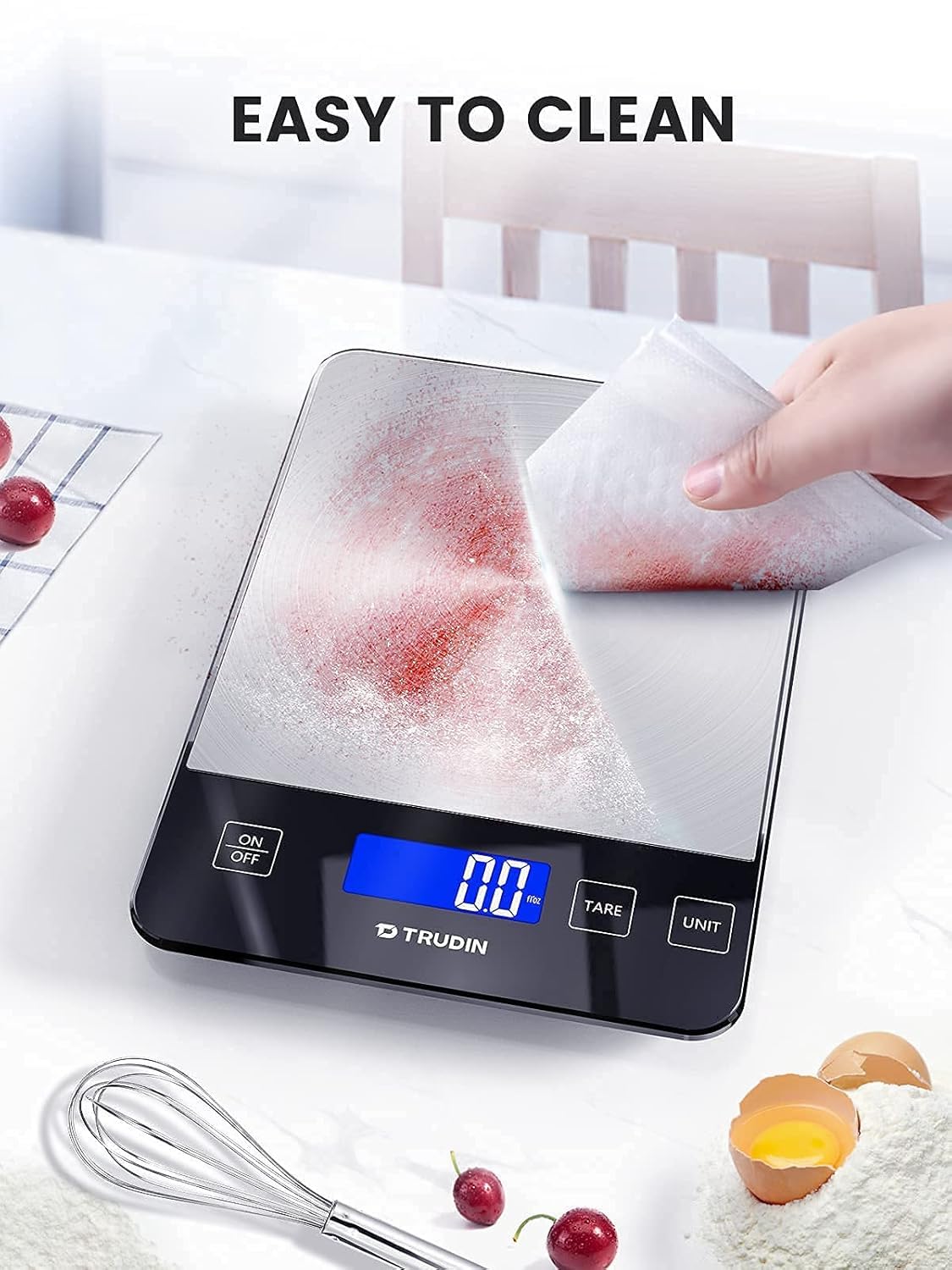 TRUDIN scale packaging includes USB cable and batteries for quick setup.