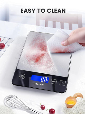 TRUDIN scale packaging includes USB cable and batteries for quick setup.