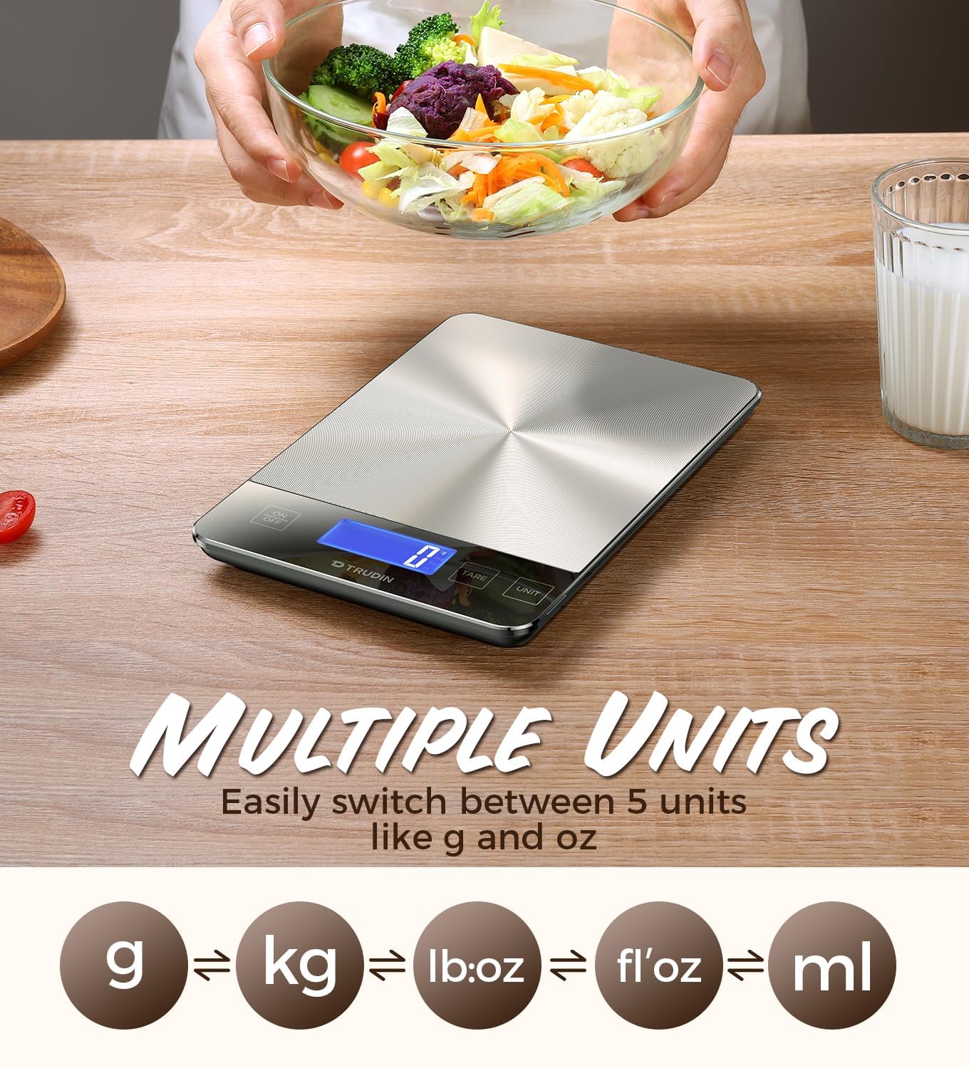 TRUDIN scale waterproof glass surface resists spills while measuring.