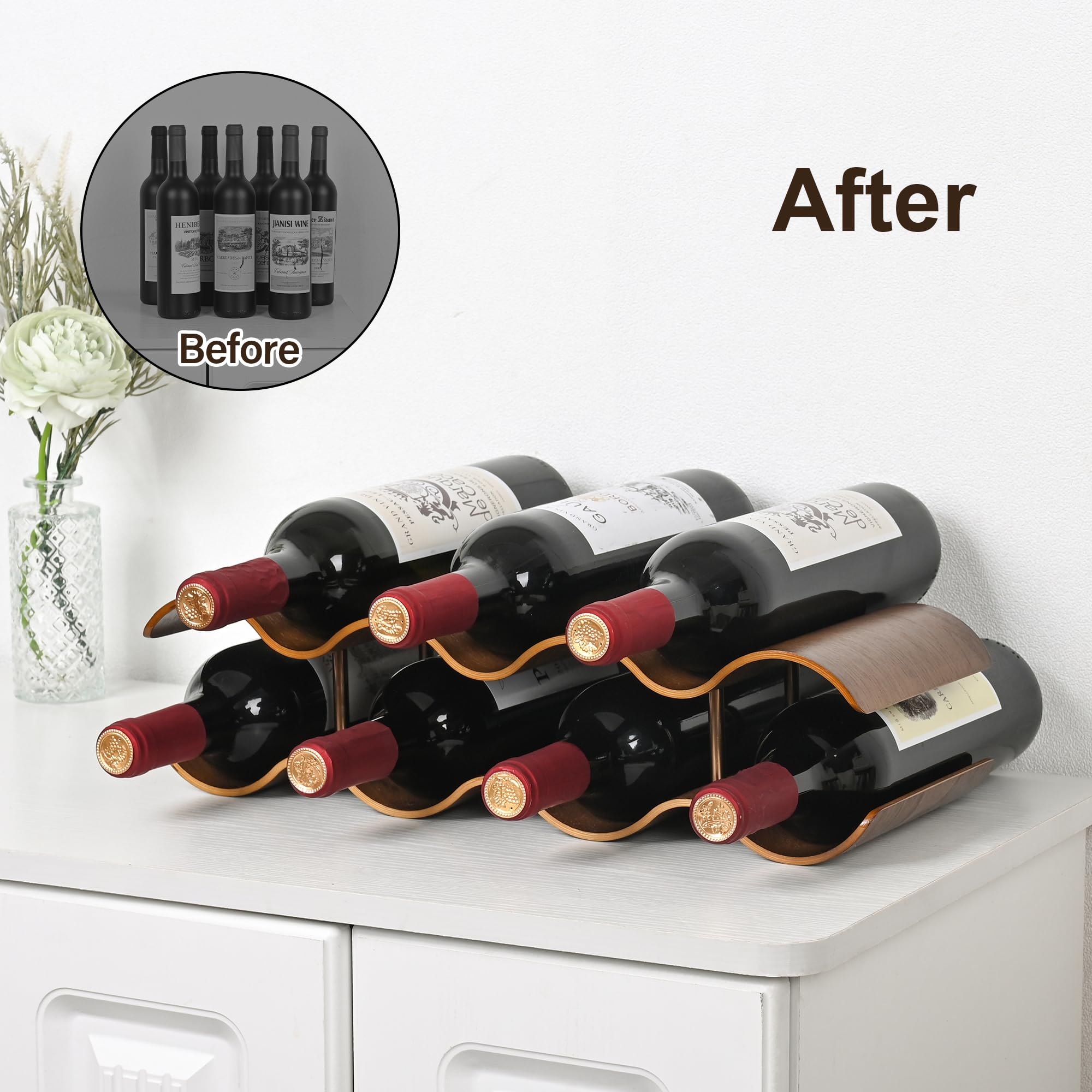 TRUDING wavy solid wood design highlights elegant, secure bottle troughs for spill-free display.