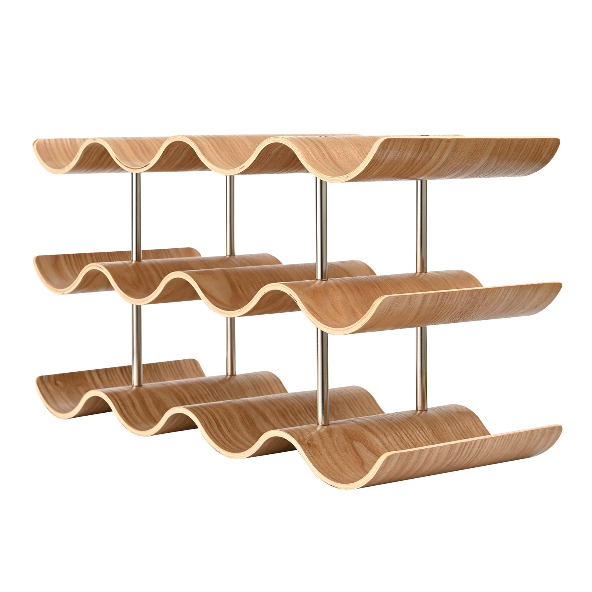 TRUDING wavy wooden 3-tier rack front view keeps bottles secure and stylish.