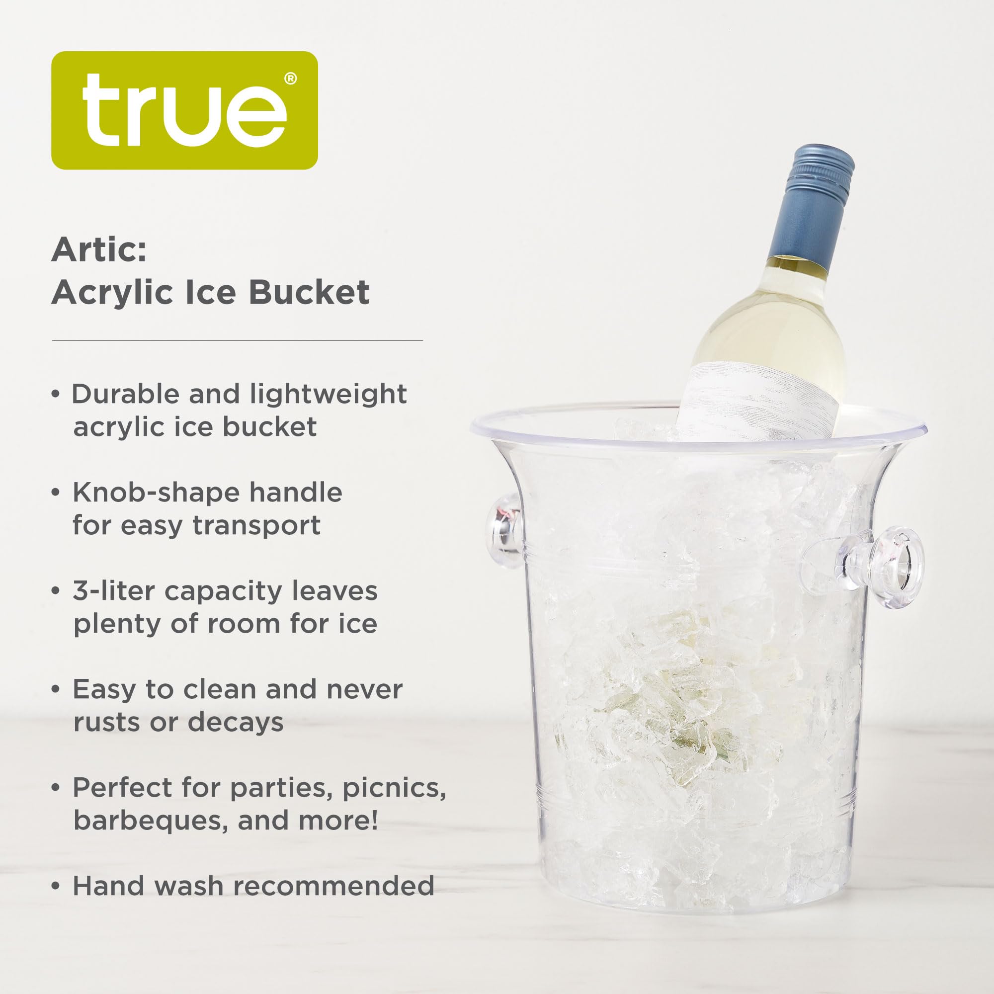TRUE Clear Acrylic Ice Bucket 3-liter side view showing large capacity.