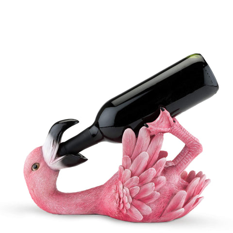TRUE Flirty Flamingo polyresin wine bottle holder on a kitchen counter.