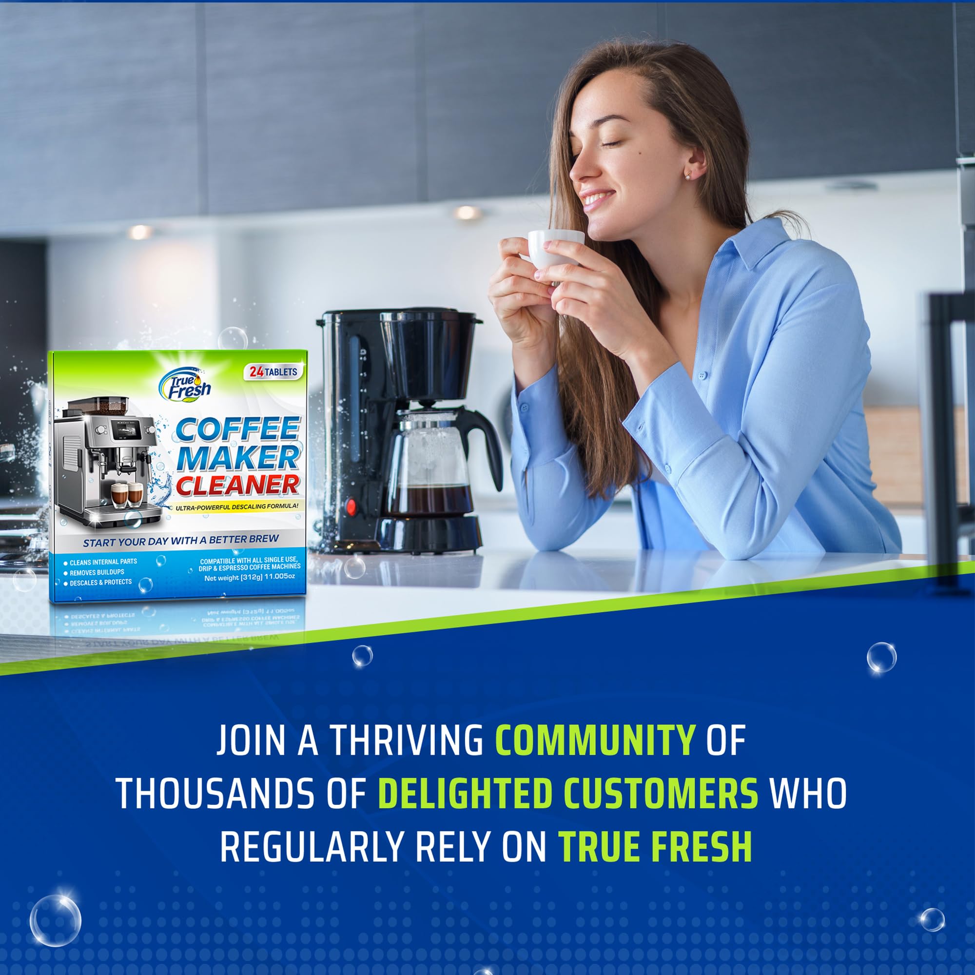True Fresh descaler action during coffee maker rinse