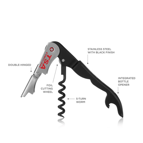 TRUE Jetsetter double hinged wine key enables smooth cork removal on the go