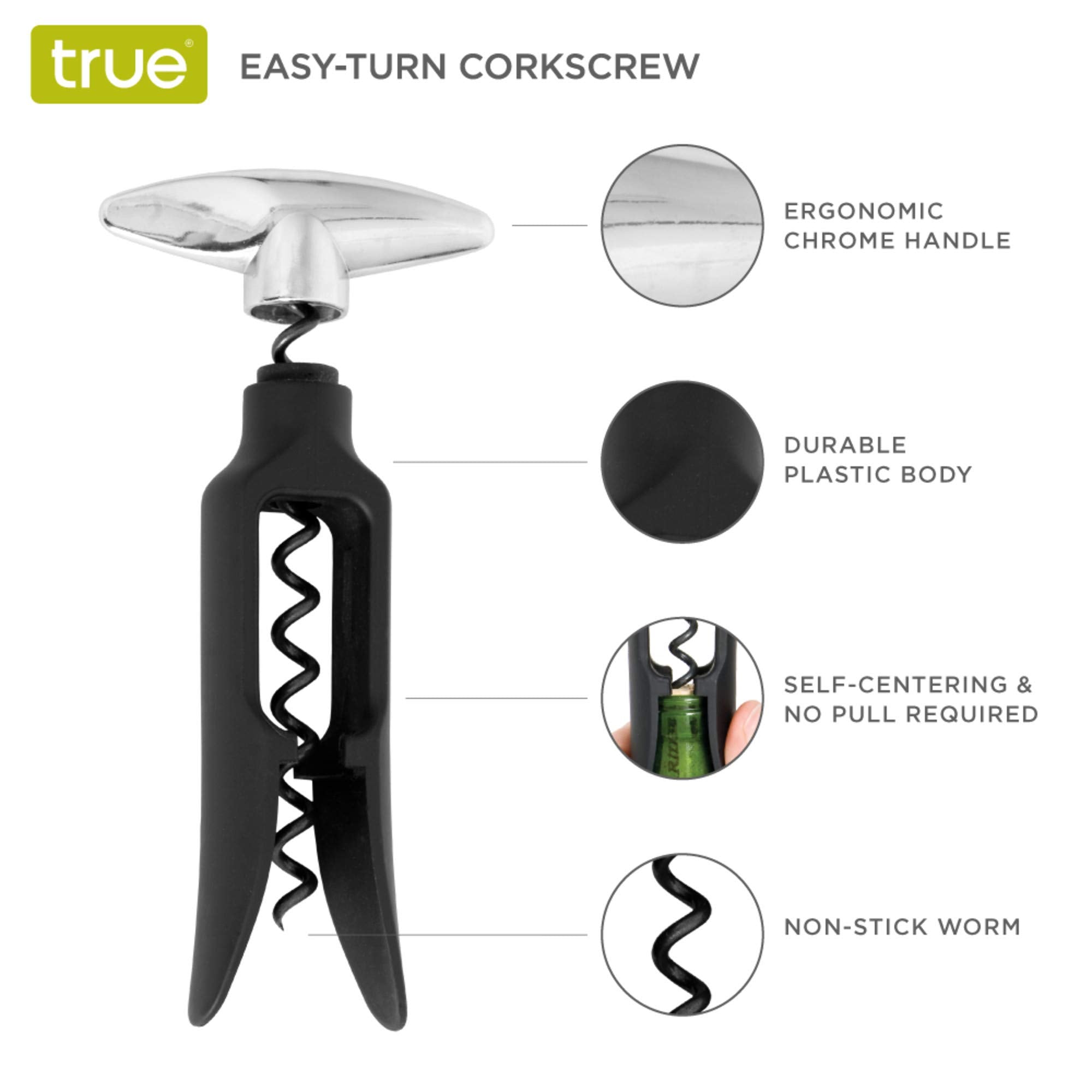 TRUE True Self corkscrew self-bracing frame enables easy, tangle-free cork release