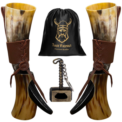 TRUE VIKING drinking horn set with Thor bottle opener for convenient celebrations