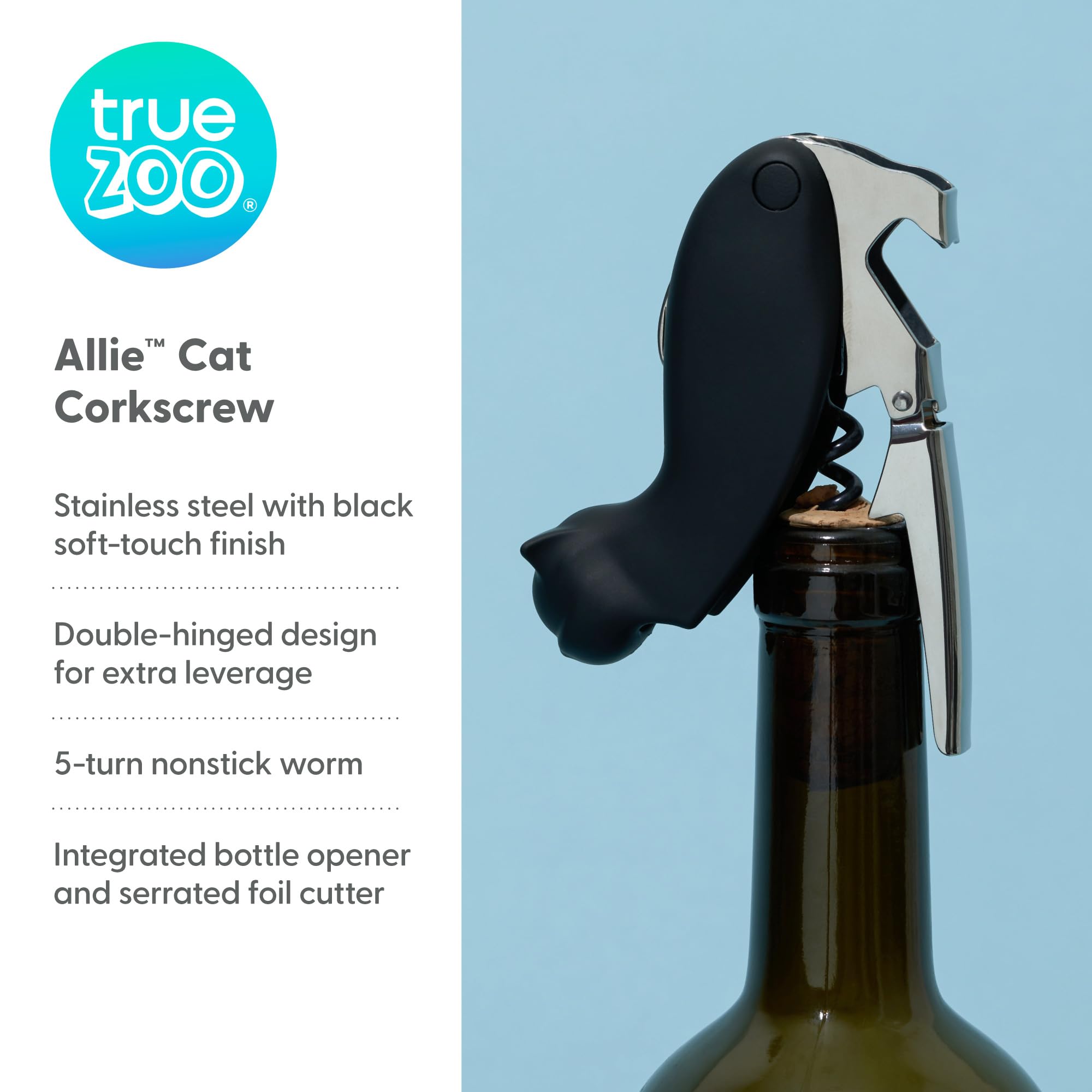 True Zoo Allie corkscrew bottle-opener mouth for quick bottle access