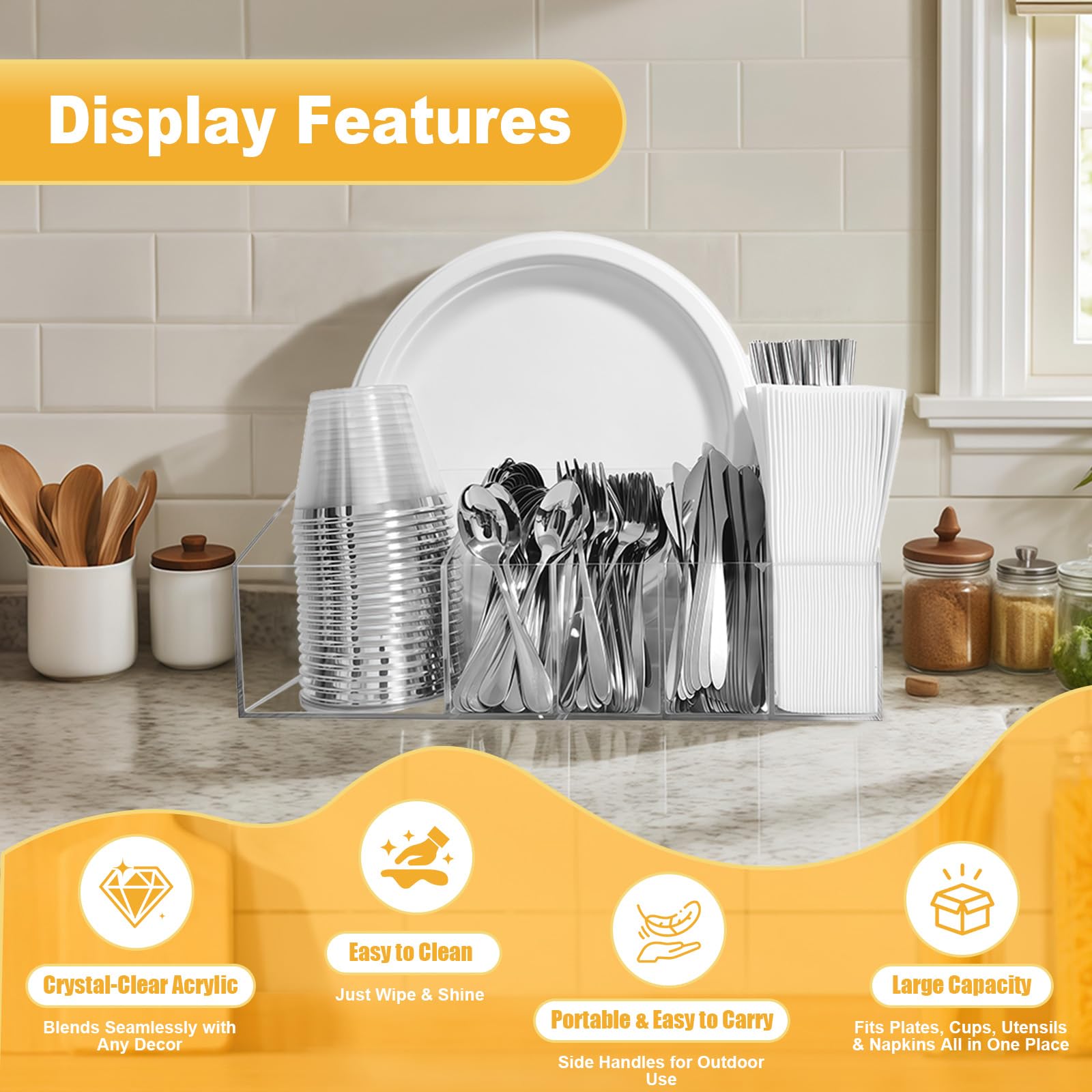 Clear acrylic caddy showing plates up to 10 inches for quick setup.