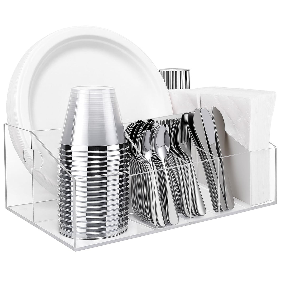 Truxwal acrylic plate dispenser with six compartments keeps tableware organized for events.