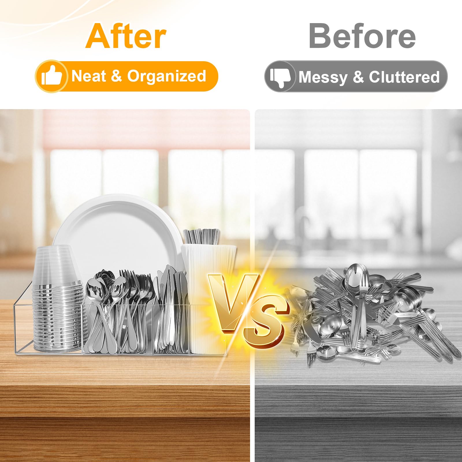 Durable acrylic organizer for utensils and napkins in one place.