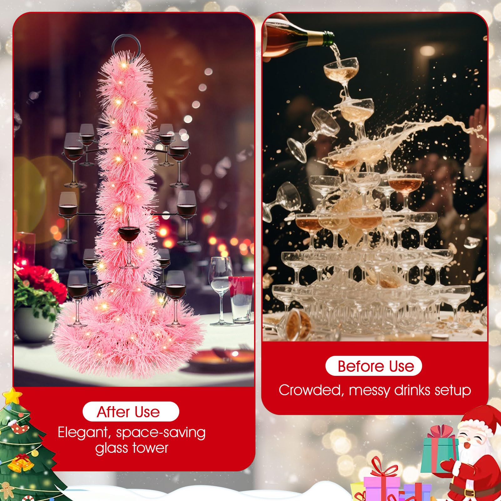 Tryitsbest Christmas Cocktail Tree Stand securely holds champagne flutes and martini glasses.