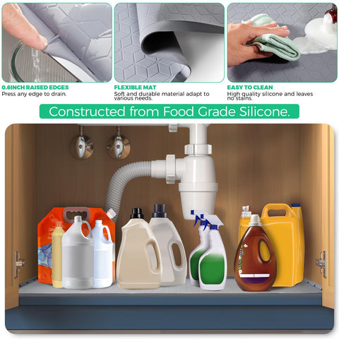TRZZ cabinet protector in kitchen stores bottles and keeps surfaces dry.