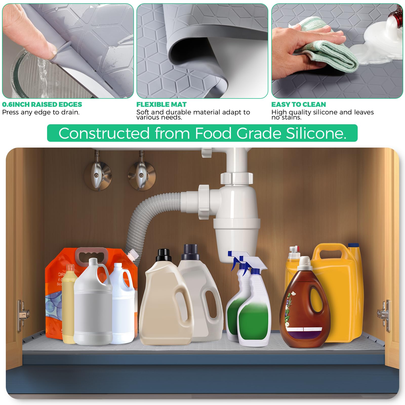 TRZZ food-grade silicone cabinet mat soft non-slip surface prevents sliding.