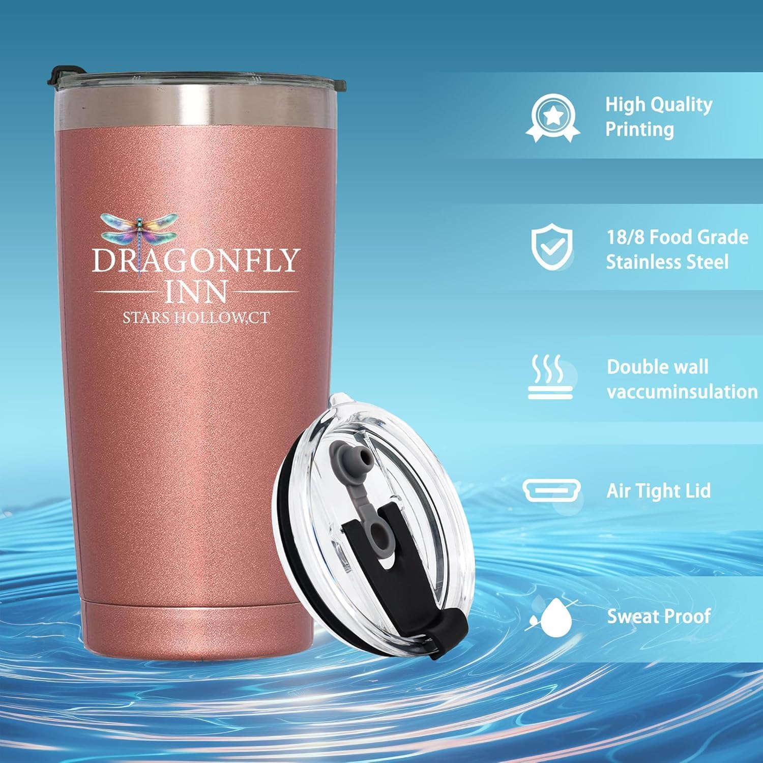 TSLOVER Dragonfly Girls Tumbler lid close-up highlighting airtight seal and spill protection