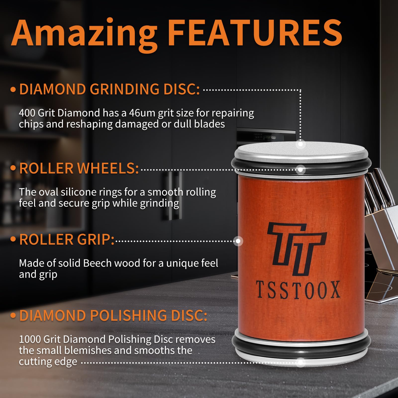 TSSTOOX 400 grit diamond disc repairs chips and reshapes dull blades.