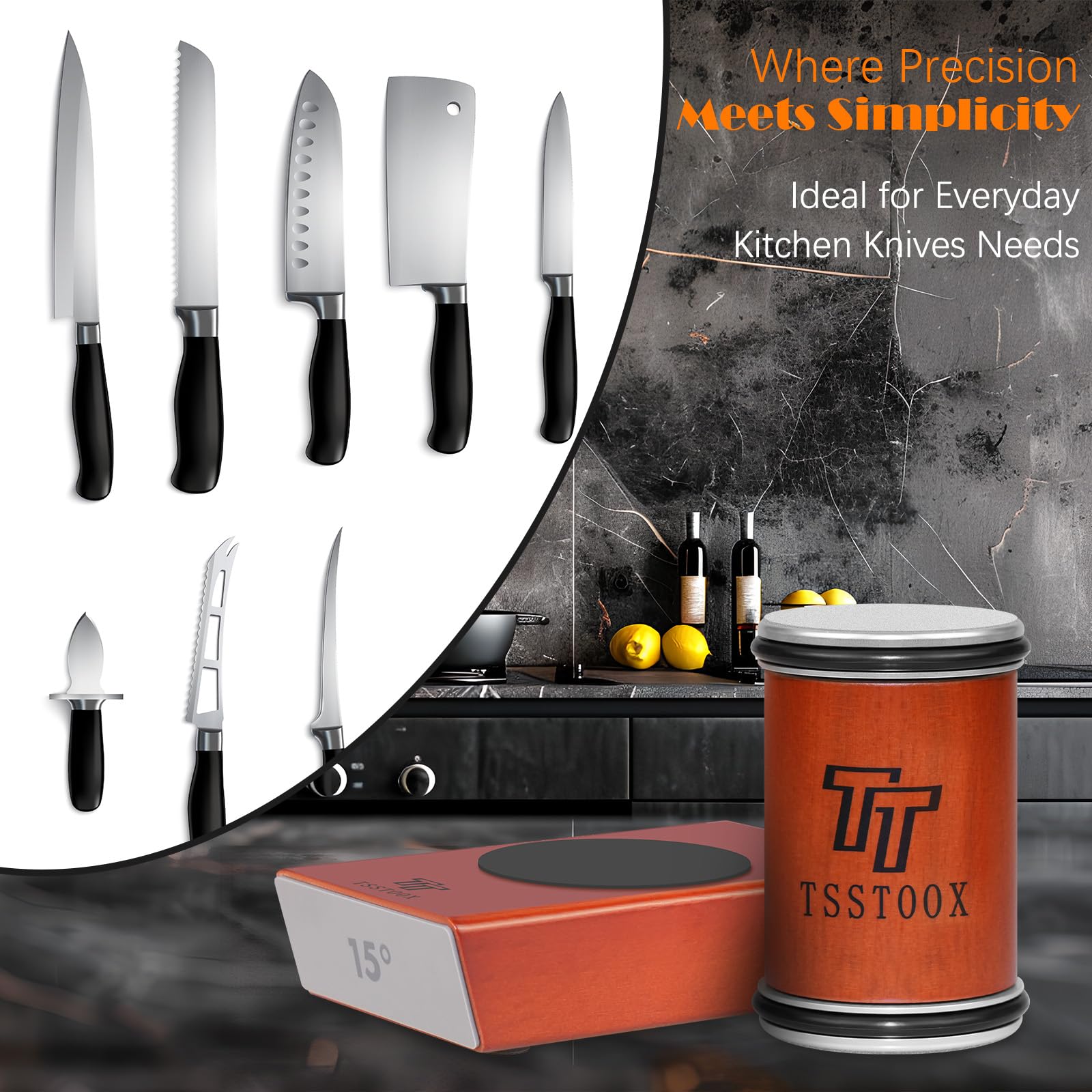 TSSTOOX sharpener supports Damascus, Japanese, and Western knives for versatile use.