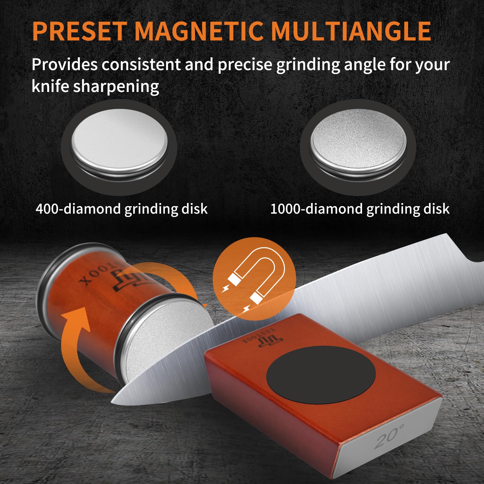TSSTOOX sharpener with magnetic base securely holds knives during sharpening sessions.