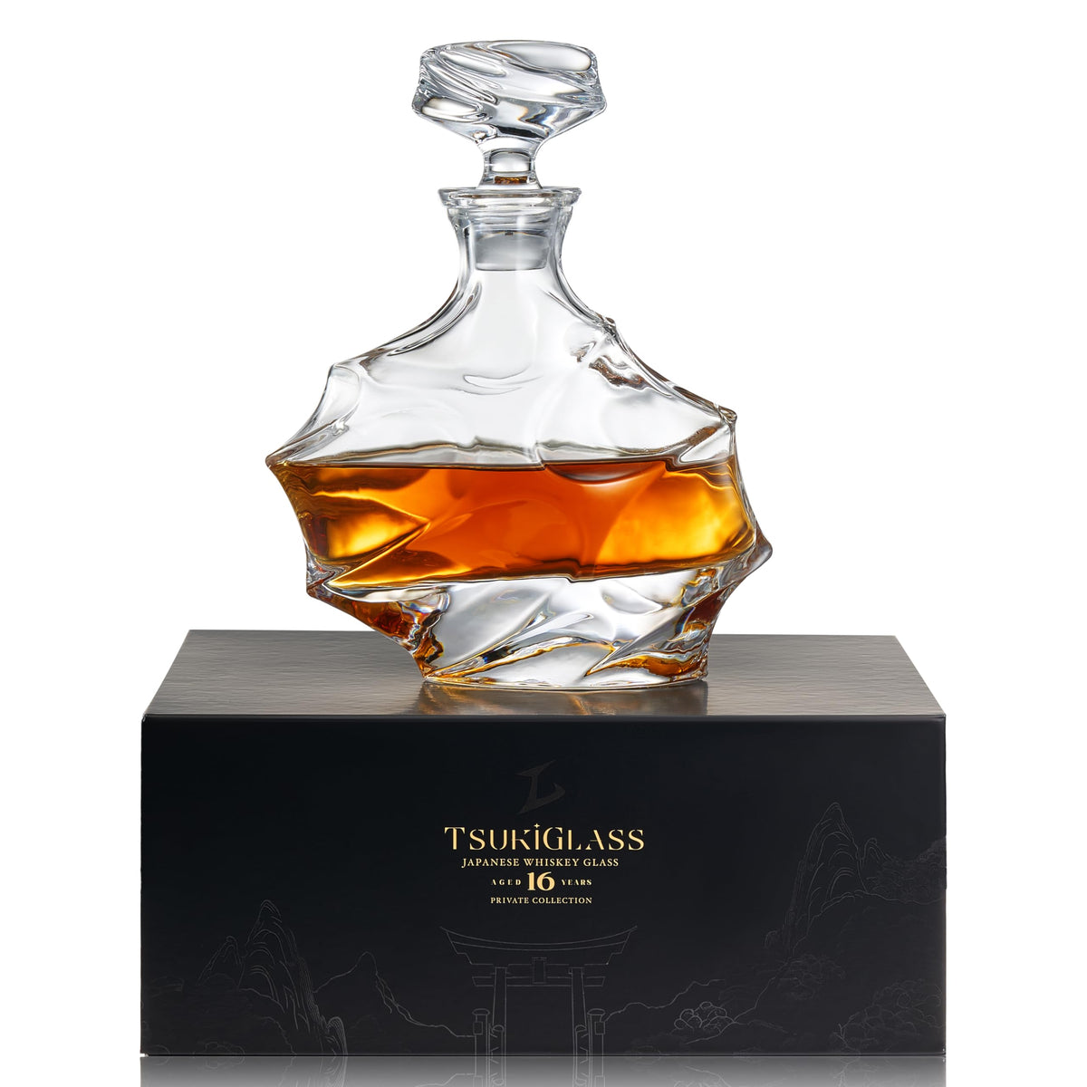 TsukiGlass Storm decanter on display showing full bottle readiness for the bar.