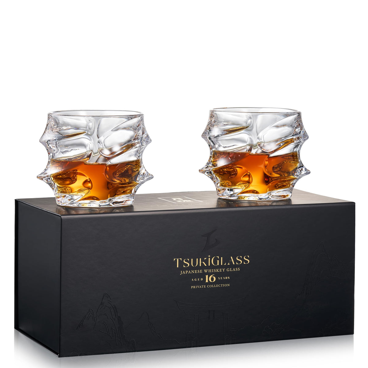 TSUKIGLASS storm-pattern 10oz whiskey glass showcases crystal clarity for fine bourbon.