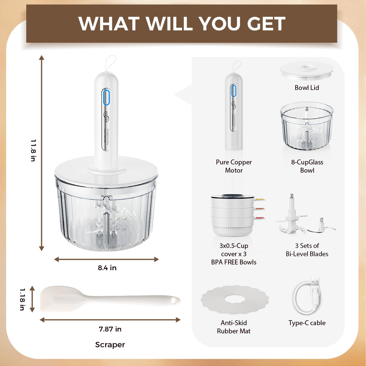 TTFTTF Glass Food Processor 3x0.5-cup bowls for spices and baby food.
