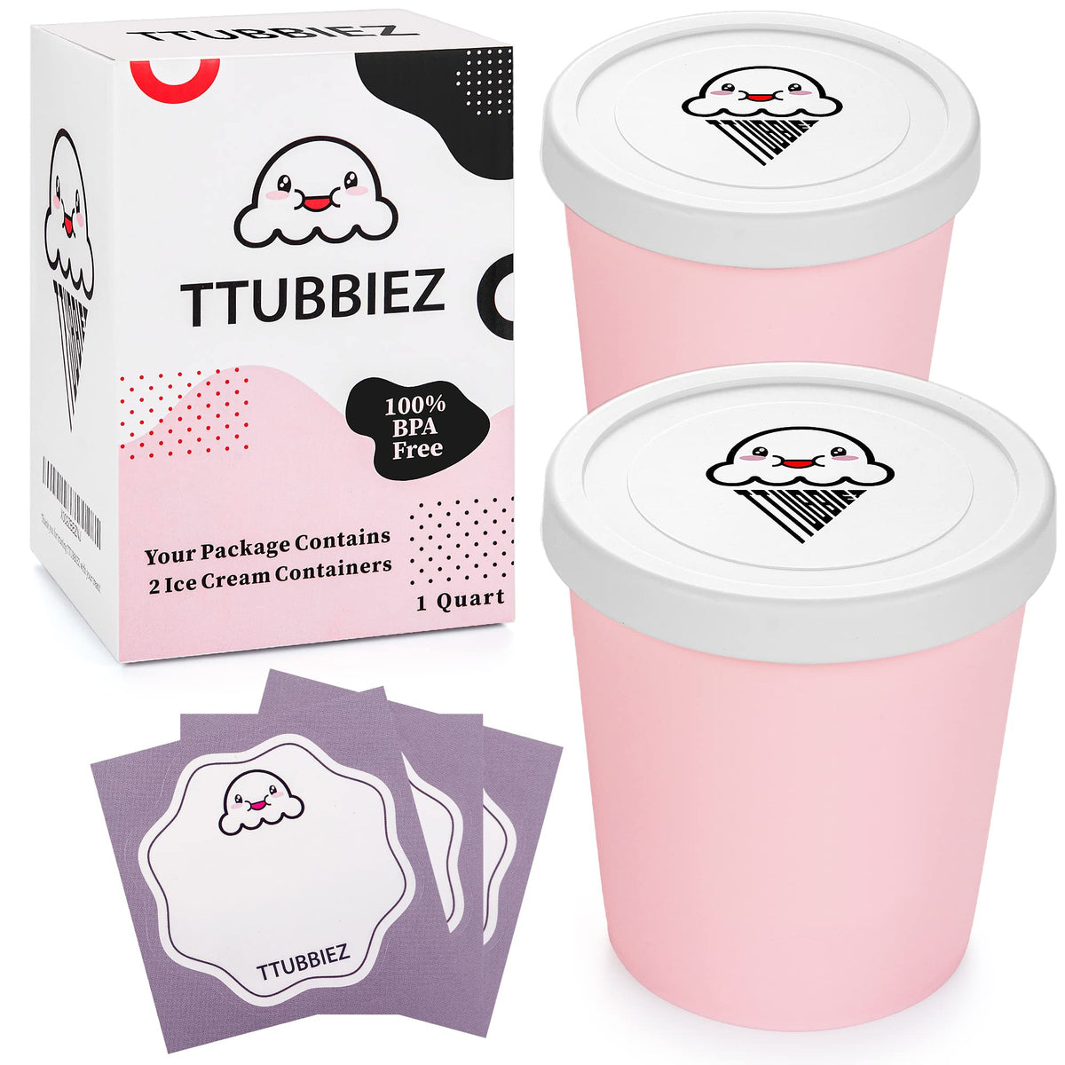 TTUBBIEZ 1-quart pink ice cream containers for homemade ice cream storage.