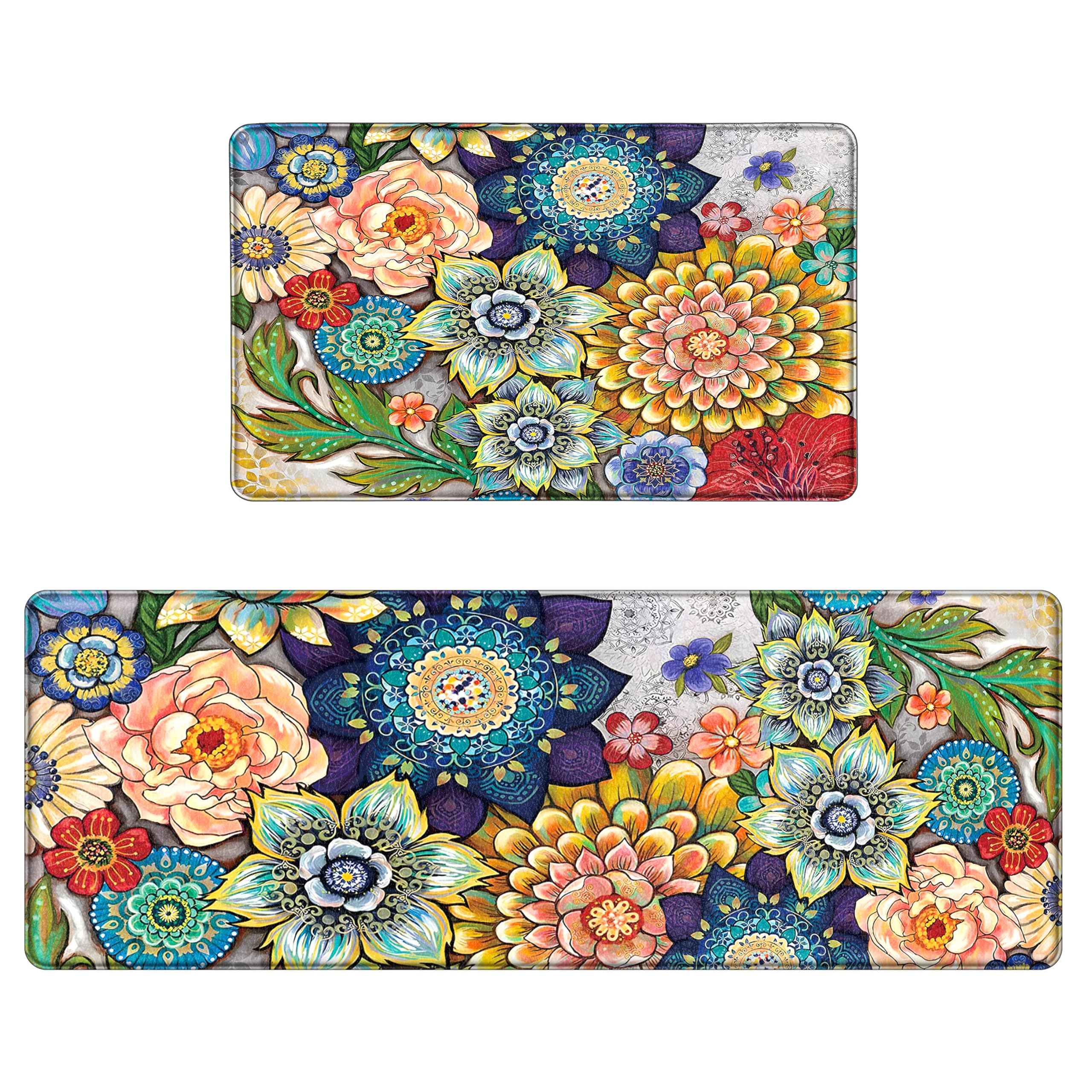 Tubeamin boho floral kitchen mats, front view, two-piece set with memory foam comfort.