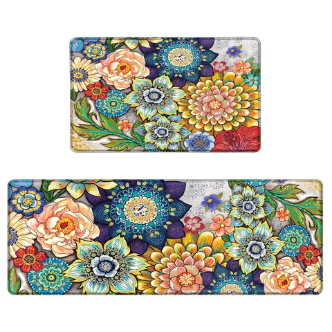 Tubeamin boho floral kitchen mats, front view, two-piece set with memory foam comfort.