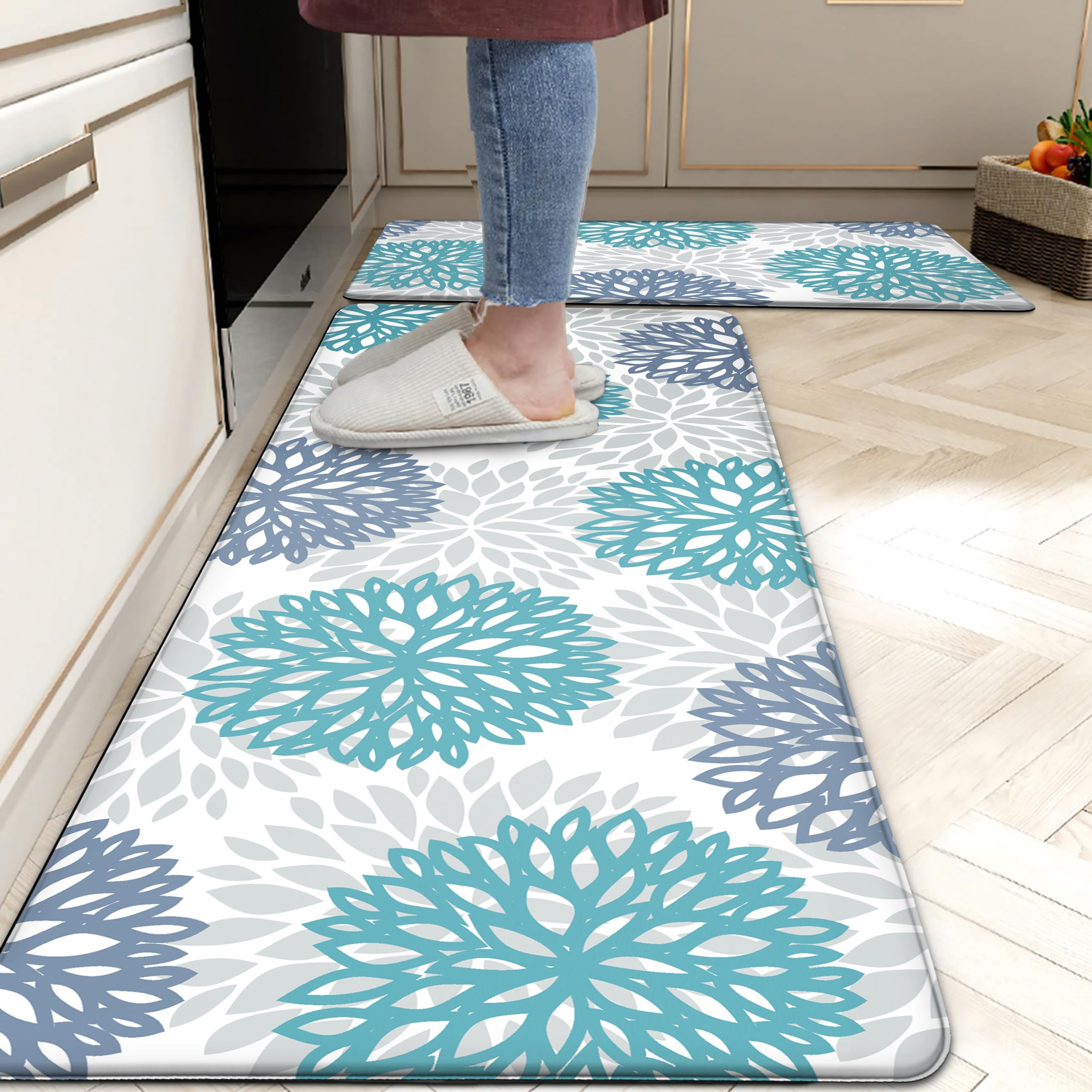 Tubeamin teal kitchen mat set of 2 with anti-fatigue cushions for comfortable standing.