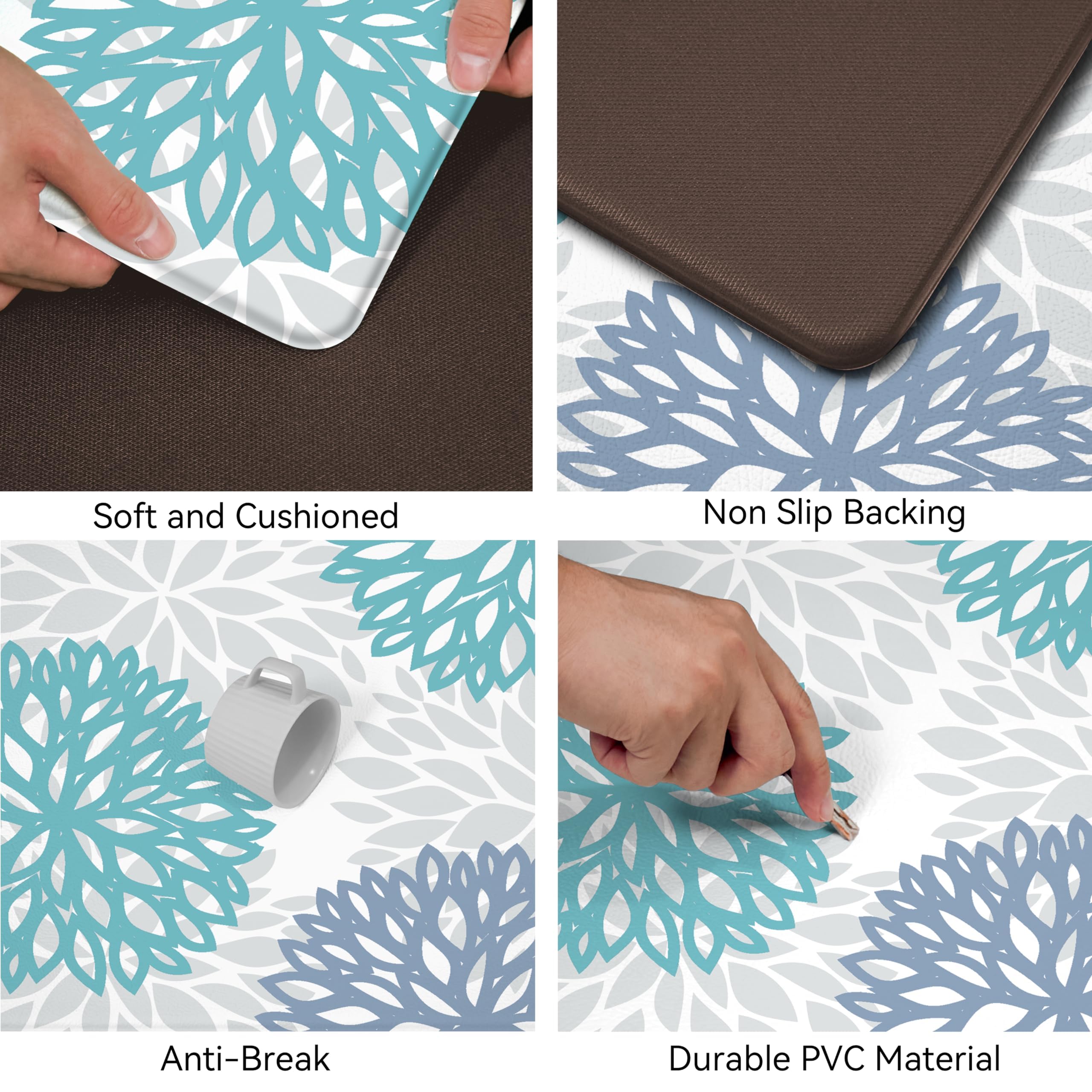 Tubeamin teal kitchen mat non-slip backing enhances stability on slick floors.