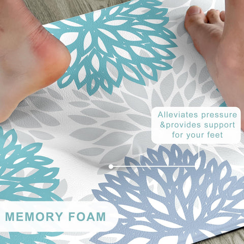 Tubeamin teal kitchen mat close-up shows thick foam for cushioned footing.