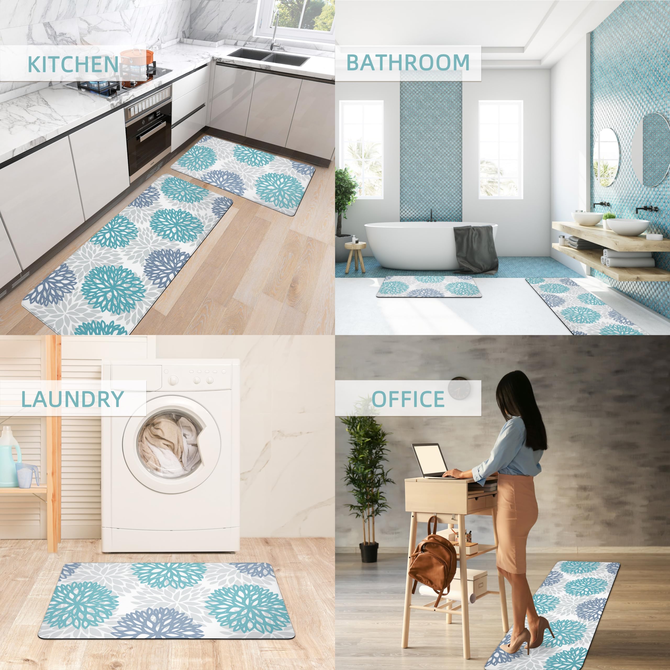 Tubeamin teal kitchen mats versatile use in kitchen, office, and laundry spaces.