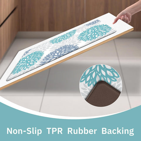 Tubeamin teal kitchen mat is waterproof and easy to wipe clean after cooking.