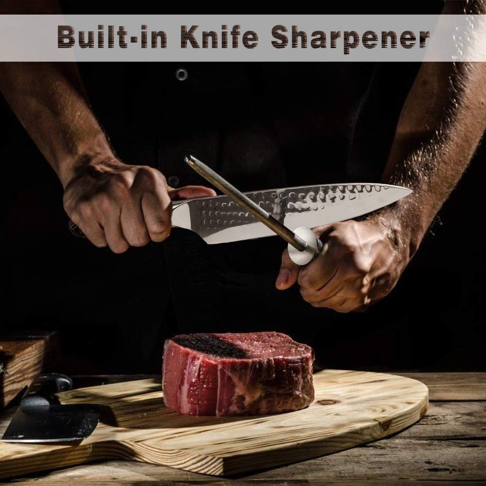 Tudoccy Acacia wood block stores all blades neatly, reducing clutter.