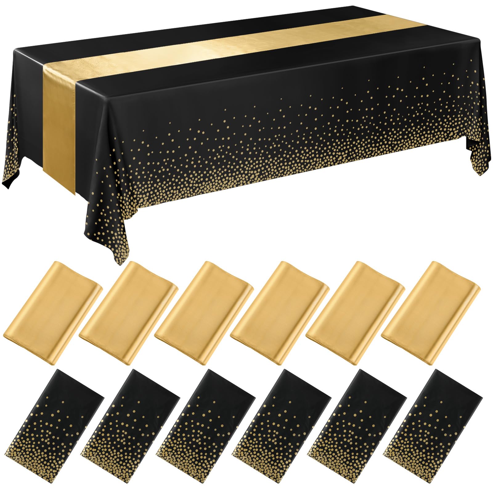 Tudomro disposable tablecloth in black and gold covers a 54x108 inch table for a clean setup