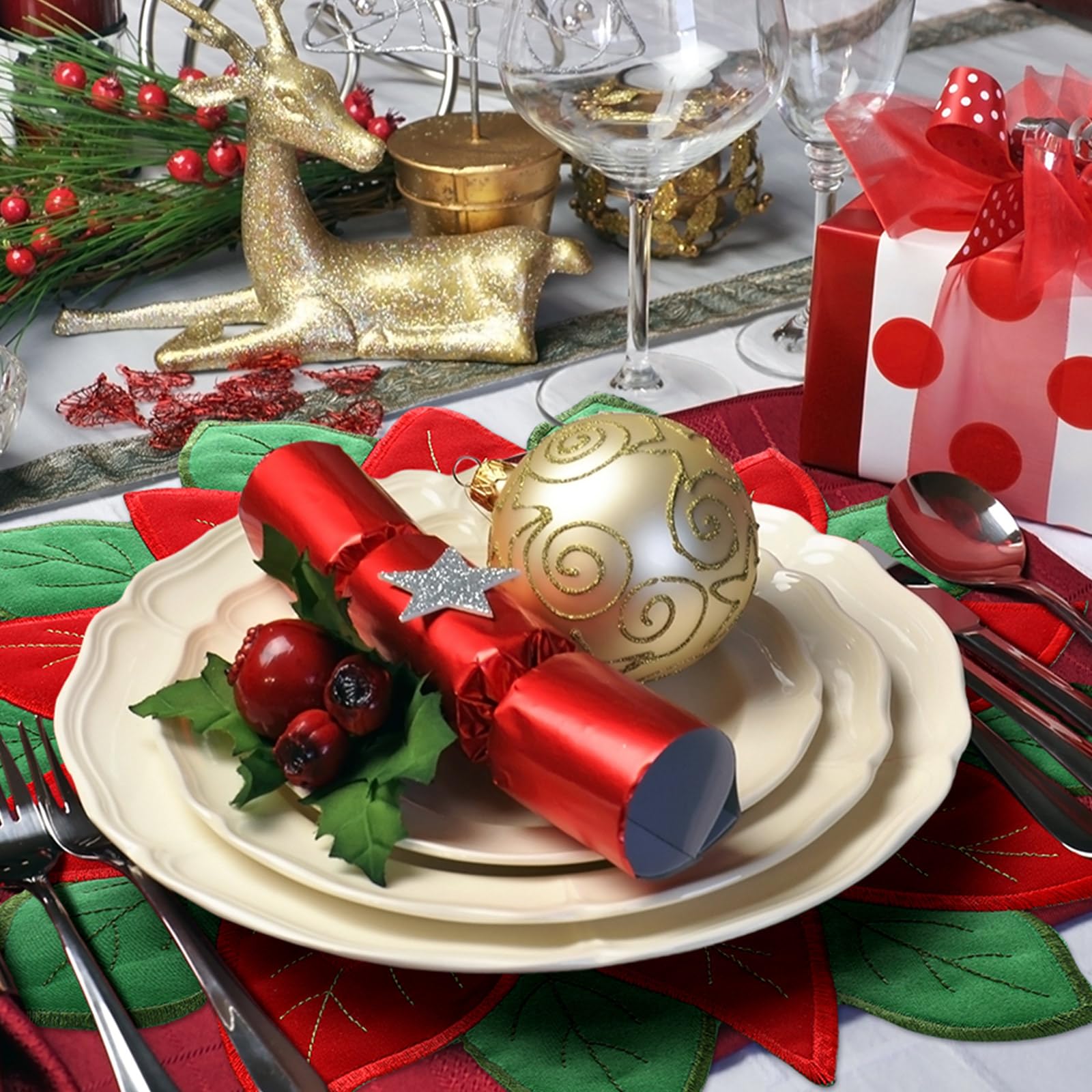Tudomro embroidered poinsettia design adds color and durability to table settings