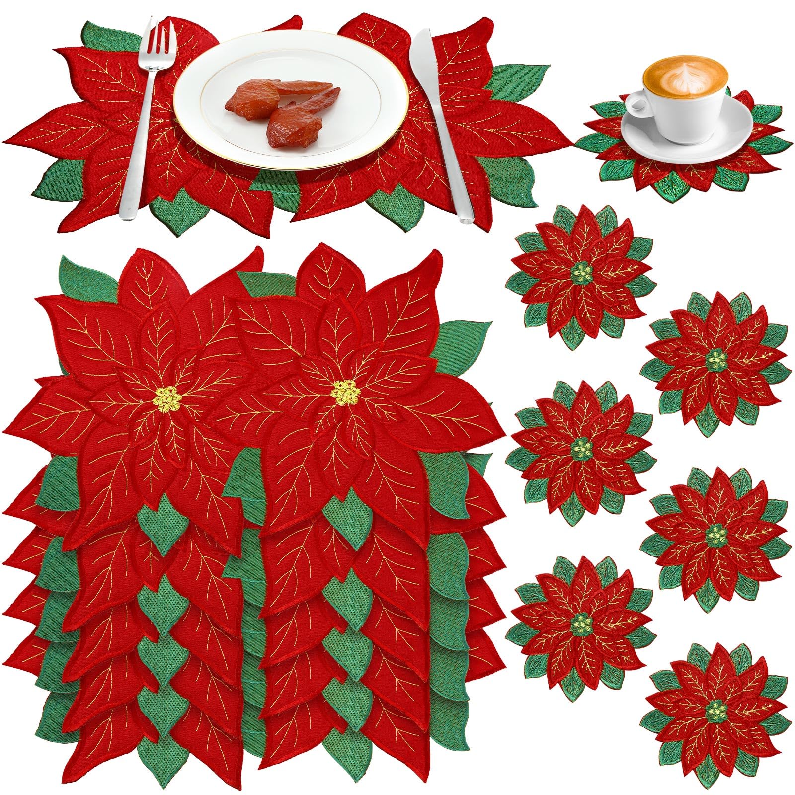 Tudomro poinsettia placemats with embroidery create festive red dining ambience.