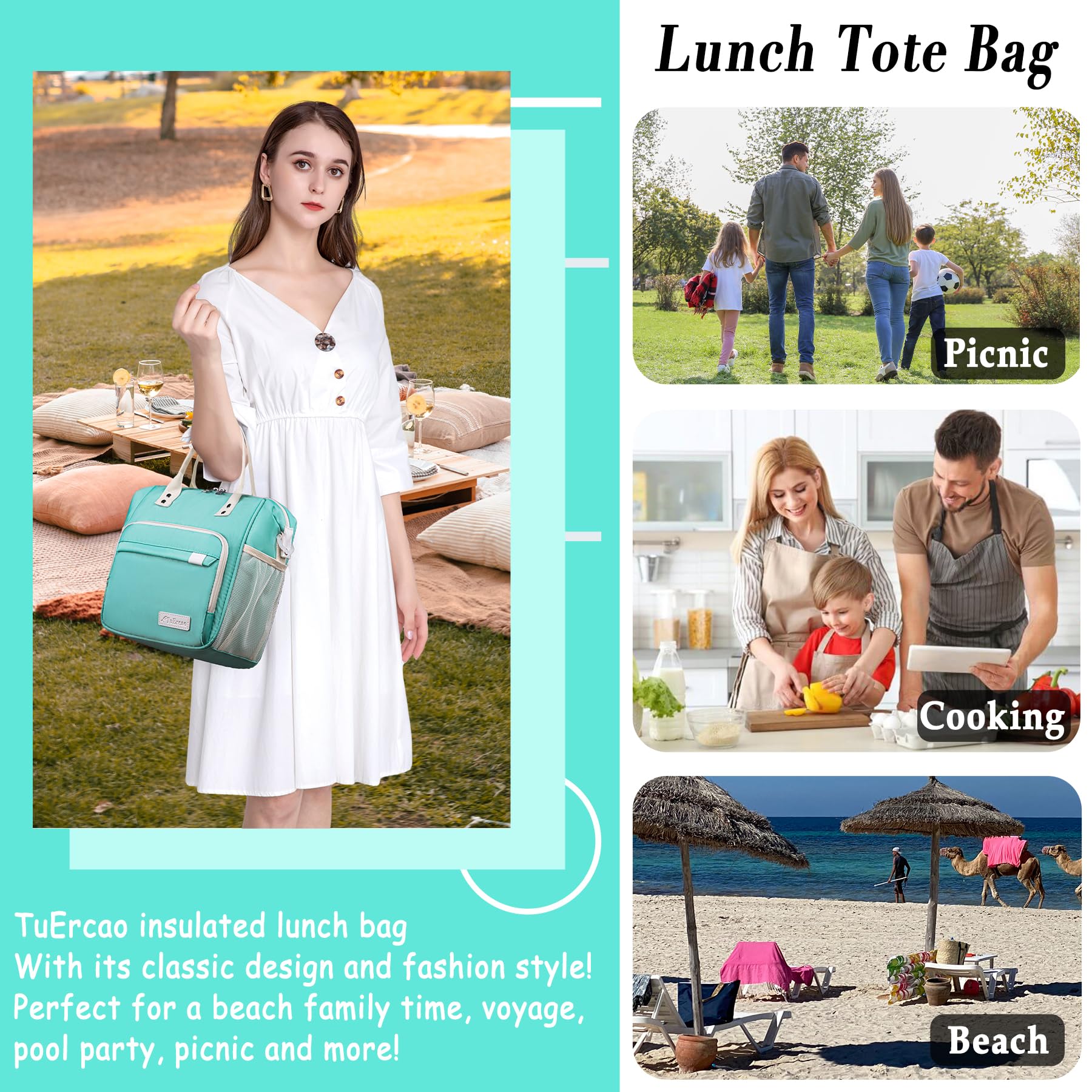 TuErCao teal lunch bag adds a chic aesthetic for everyday use.